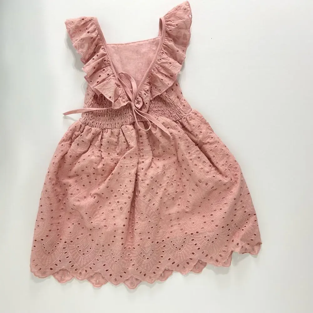 Girls Pink Eyelet Sundress Size 5 Cotton Candy & Hills Summer Lace Ruffle Dress